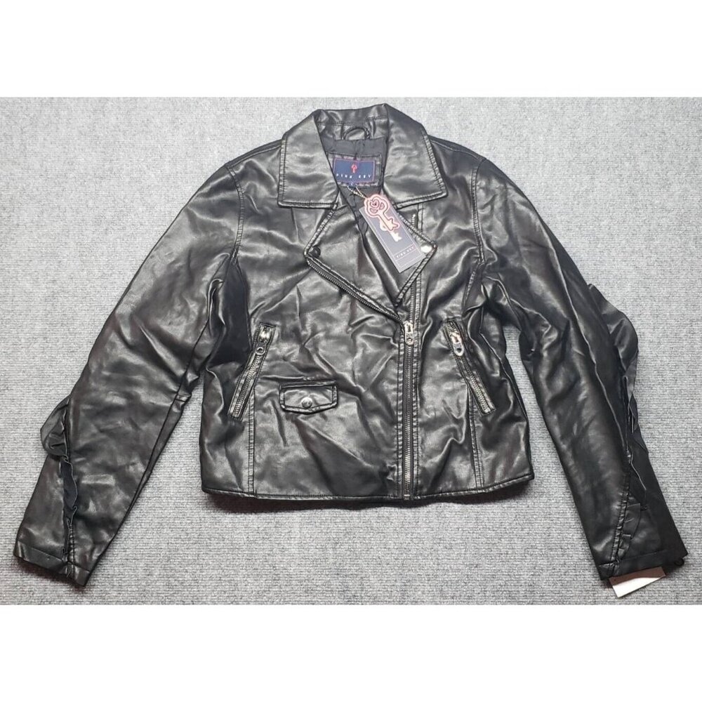 Pink Key Moto Jacket Womens L Black Faux Leather Waist Length Ruffle Collar New